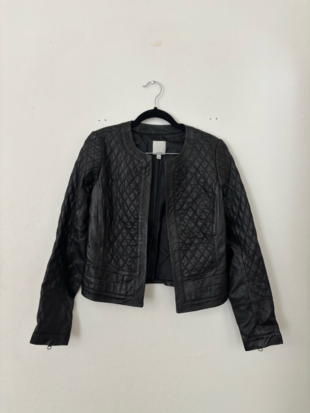 Halogen Genuine Leather Quilted Jacket Black Cropped XS Like New